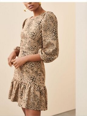 MAEVE BY ANTROPOLOGOE Leopard Print Puff-Sleeve Mini Dress in Beige